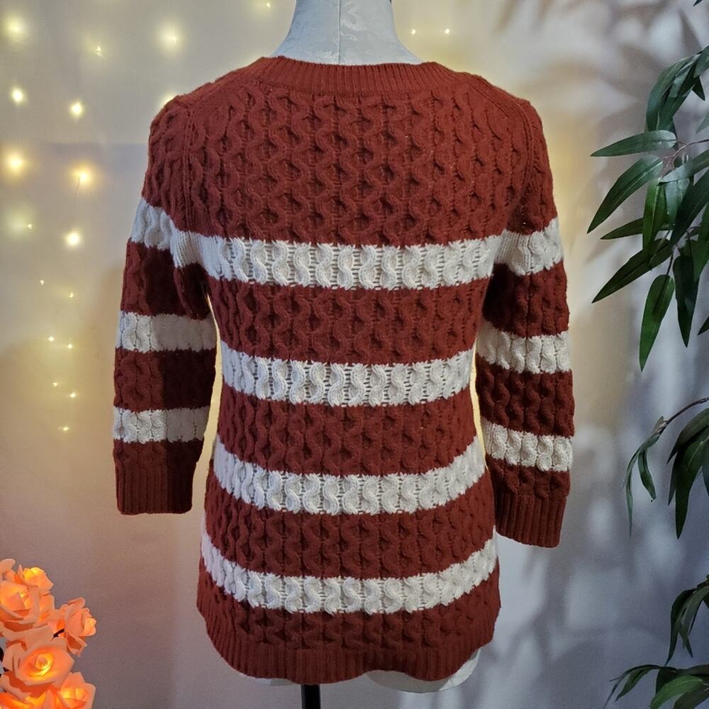 J. Crew 100% Merino Wool Striped Cable Knit Sweater Rust Orange White Women's XS - Picture 4 of 8